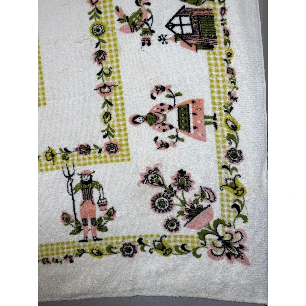 VTG Dutch Folk Art Terry Cloth Tablecloth Pink Green Gingham Farmer Rooster 70s